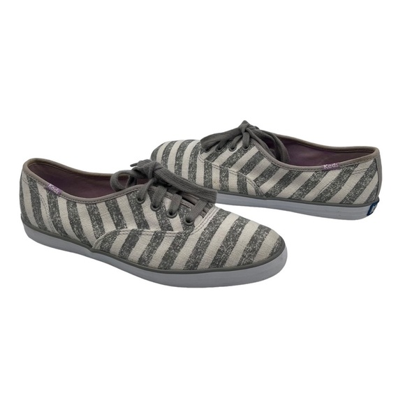 Keds Gray Off White Striped Canvas Sneakers Size 7 Women's - Picture 1 of 8